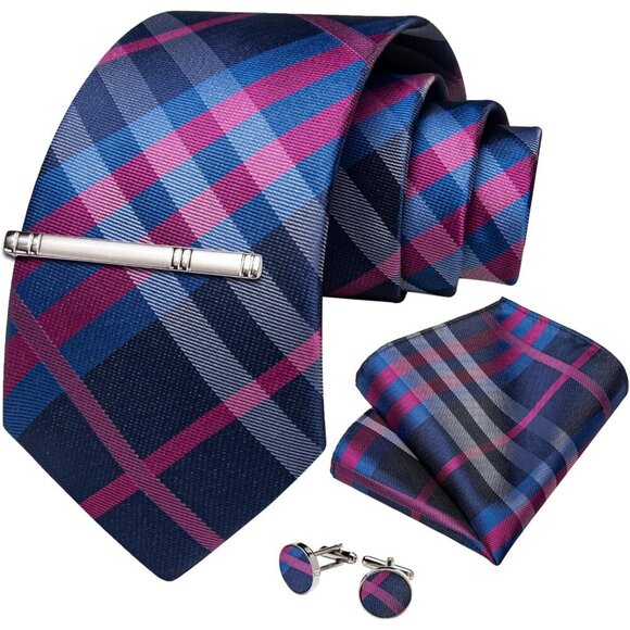 🆕Men Blue Plaid Silk Checkered Necktie Pocket Square Cufflinks Tie Clip Set - Picture 3 of 6
